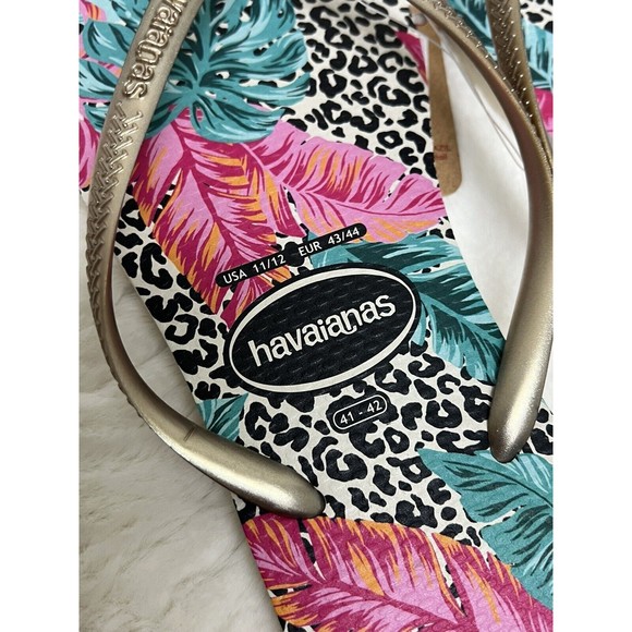 Havaianas Womens Slim Animal Print Leaf Floral Pink Beige Flip- Flops Size 11/12 - Picture 4 of 6